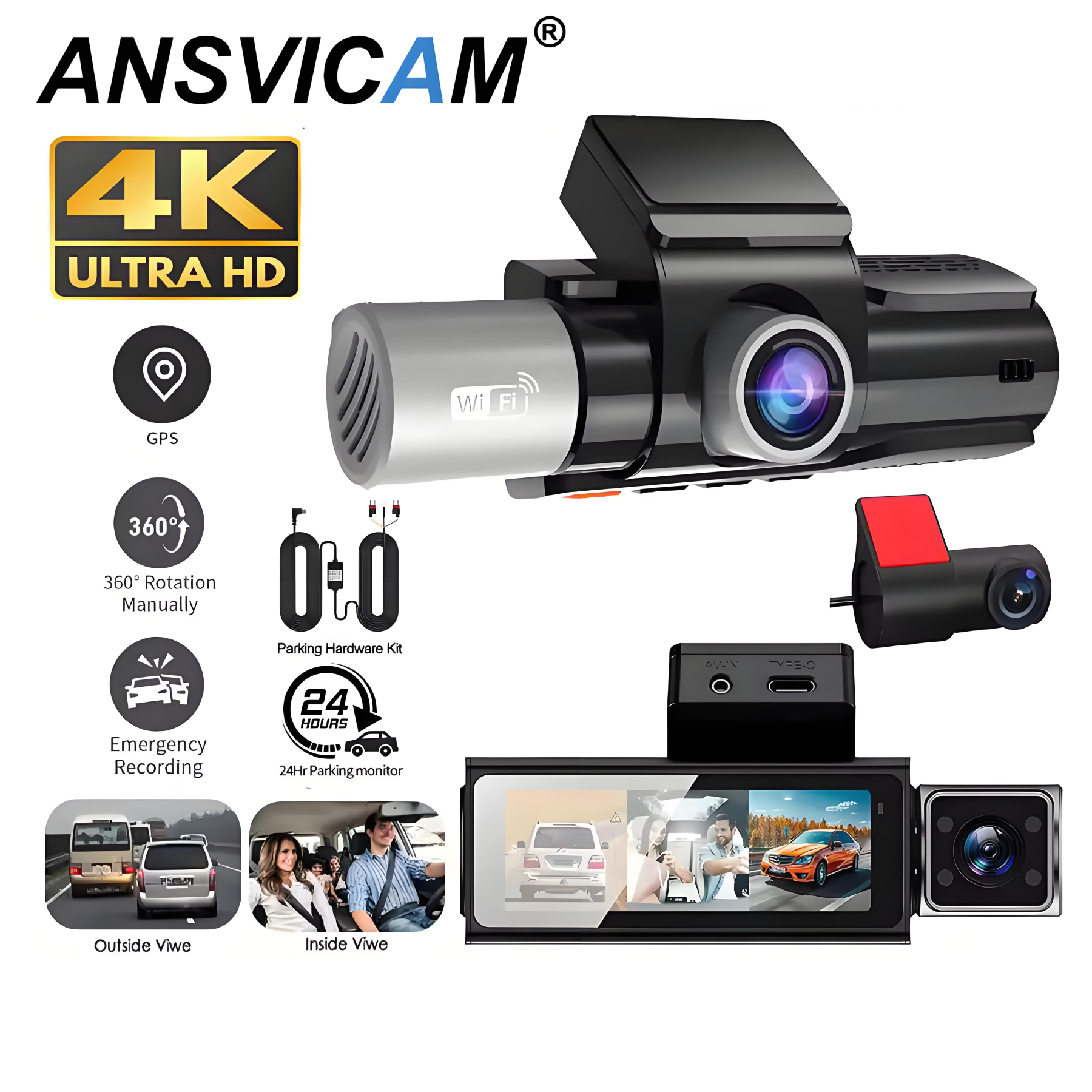 3 Channel Dash Cam for Cars Camera UHD 4K 3-Lens GPS Wifi Dashcam Video Recorder Rear View Camera for Vehicle Car DVR Camcorder