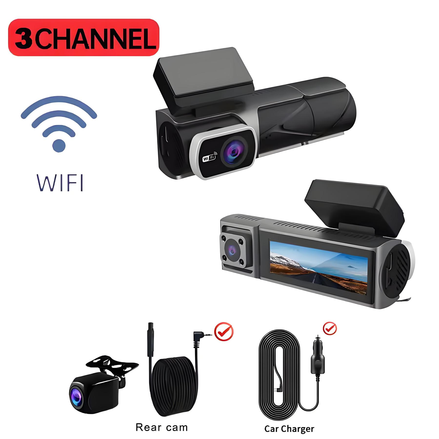 1080P Car DVR 3 Channel Dash Camera Front Inside Rear View WIFI Black 