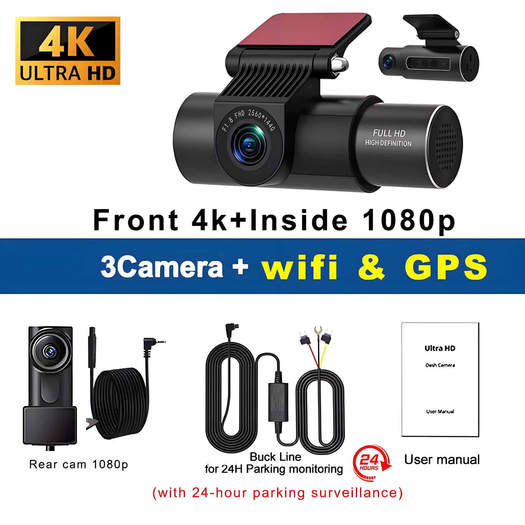 4K 3-Channel Car DVR WIFI Dash Cam Front Inside Rear View GPS Black Box for Cars Video Recorder Camera Car Accessories