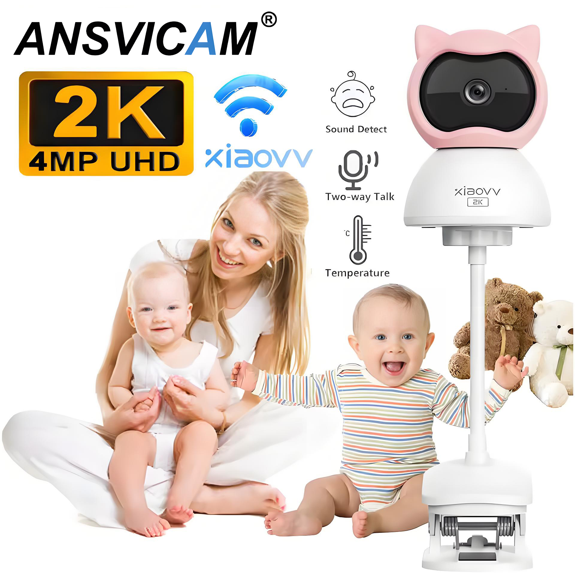 4MP 2K WiFi Indoor Baby Monitor Crying Detection Full-color Night Vision 360 Degree Rotating Baby Camera with Holder Xiaovv APP