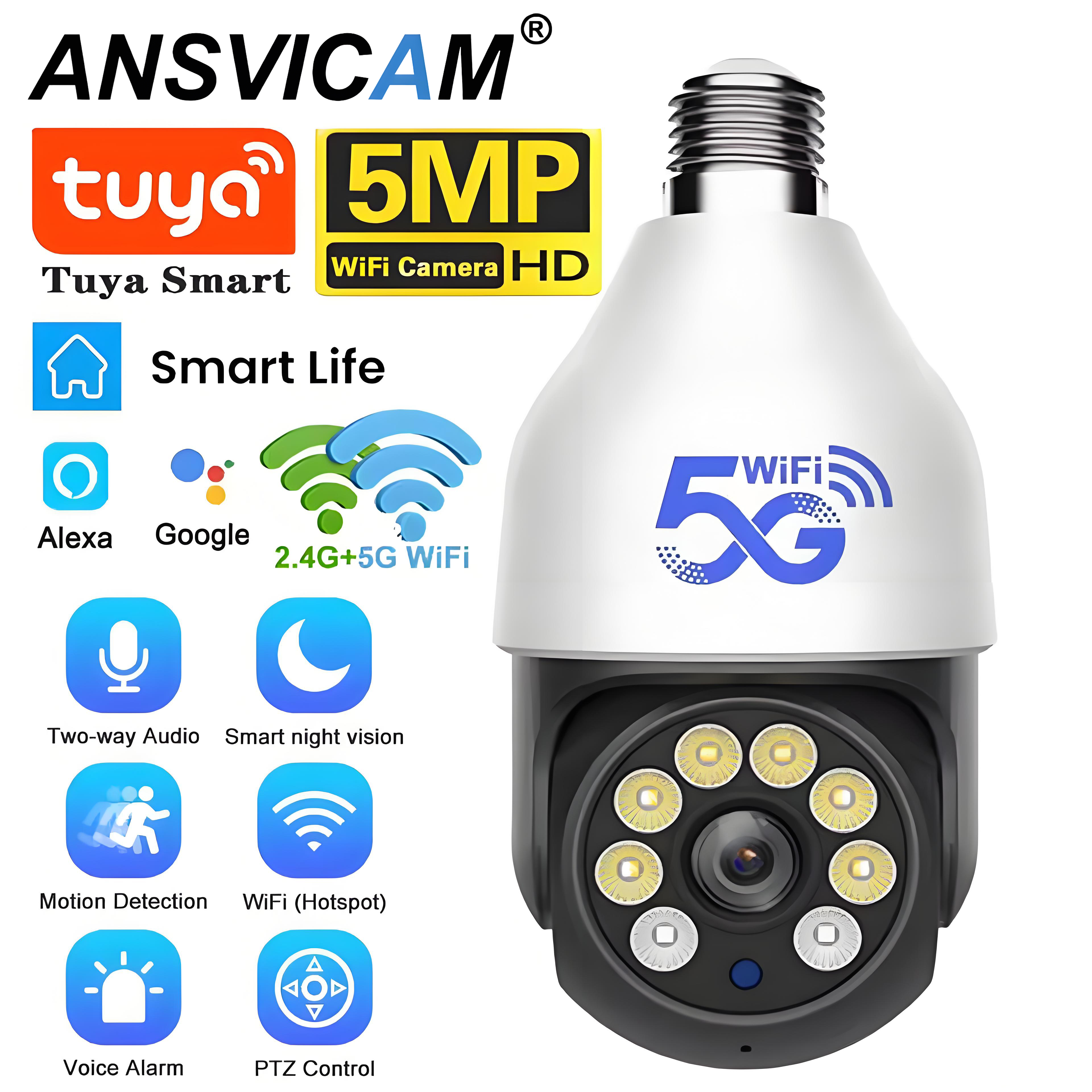 5G Wifi E27 Bulb Camera Tuya Smart 5MP PTZ Security Camera Outdoor Wireless AI Human Detect Surveillance Color Night Vision Cam