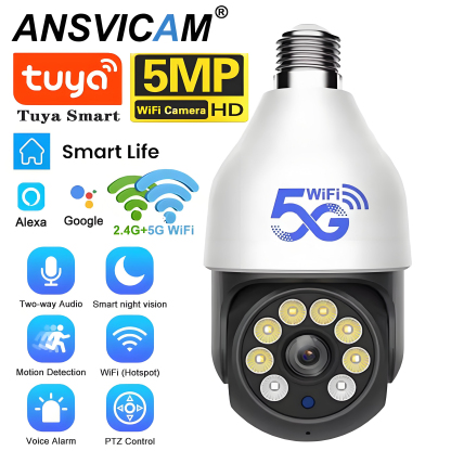 5G Wifi E27 Bulb Camera Tuya Smart 5MP PTZ Security Camera Outdoor Wireless AI Human Detect Surveillance Color Night Vision Cam