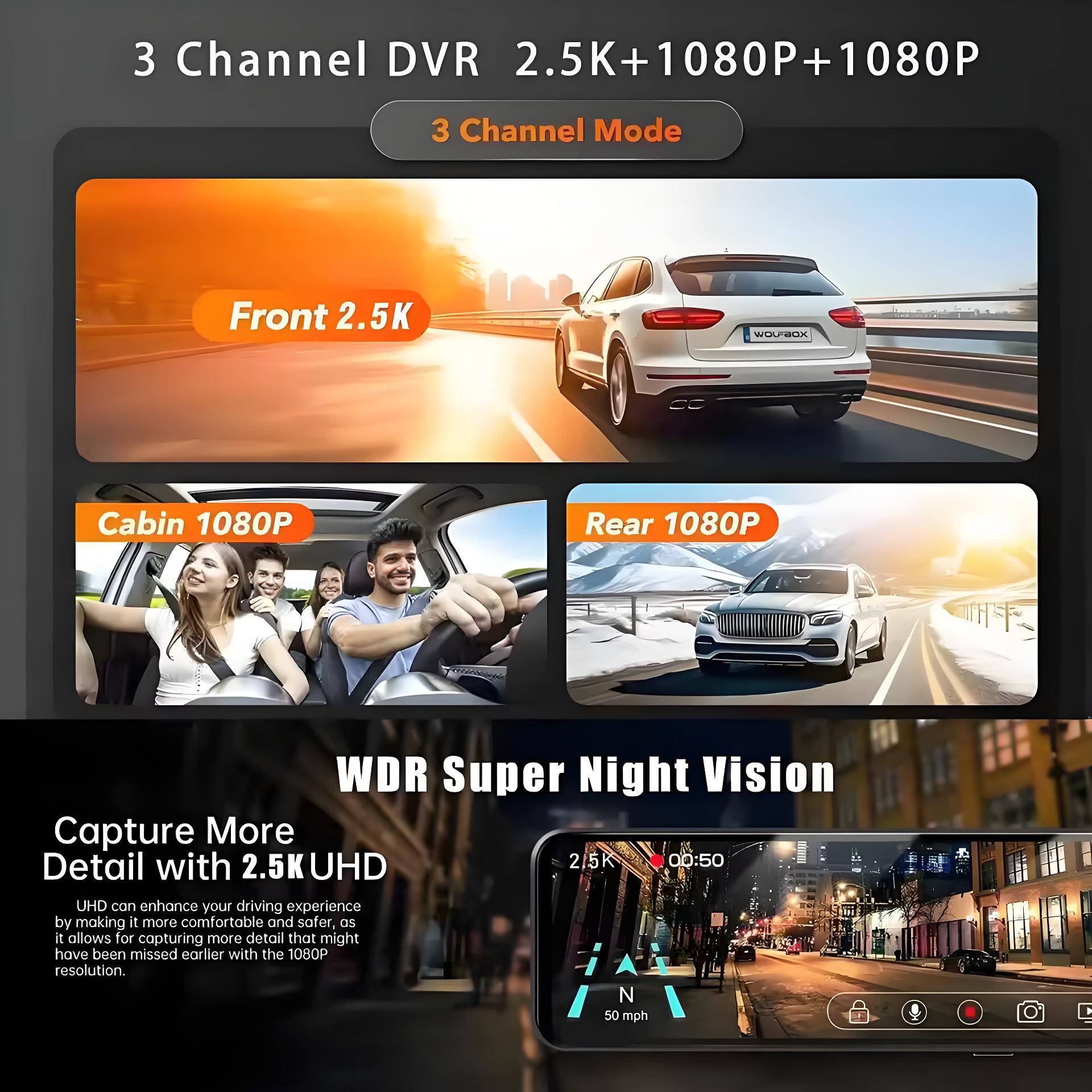 11.26" Screen 3 Channels GPS Dash Cam HD 2.5K Three Way Car Camera IPS Front and Rear Inside 3 Lens Carplay Android Auto Car DVR