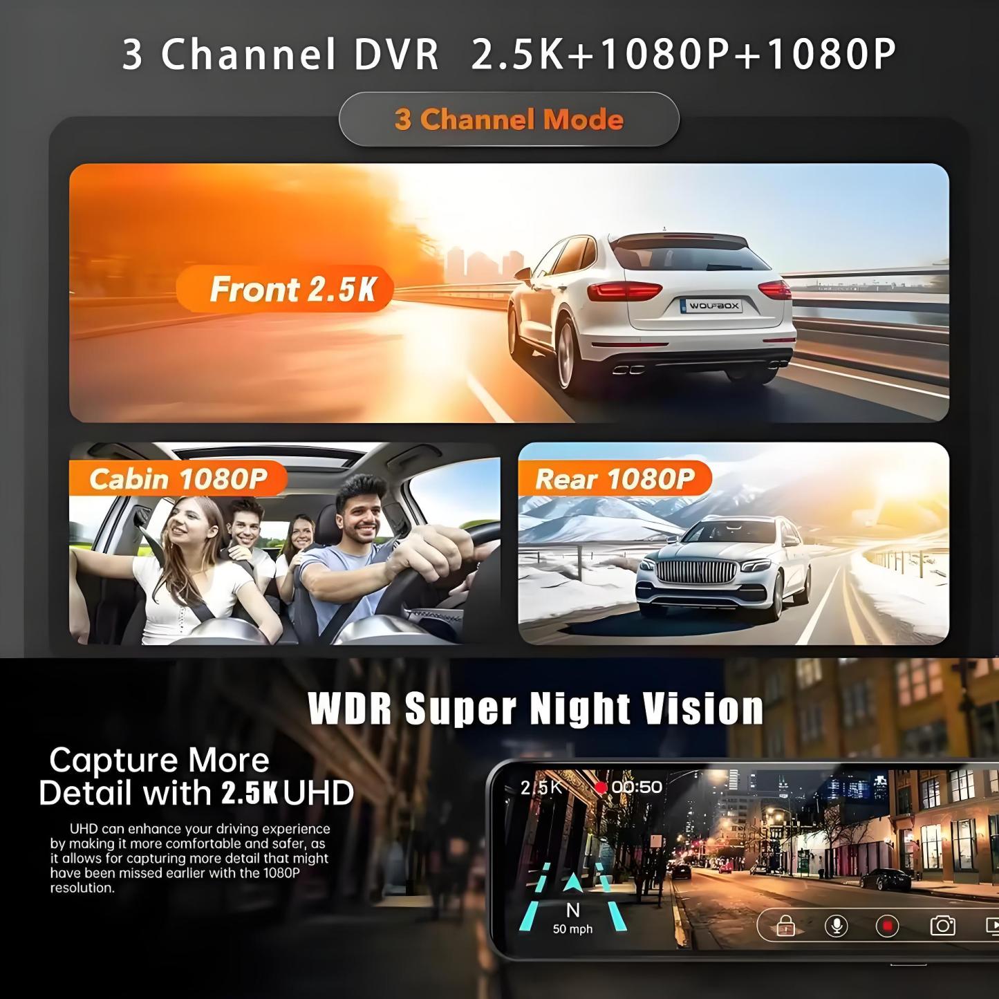 11.26" Screen 3 Channels GPS Dash Cam HD 2.5K Three Way Car Camera IPS Front and Rear Inside 3 Lens Carplay Android Auto Car DVR