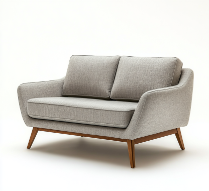 Sofá compacto retro gris claro con respaldo inclinado y base de madera-Moblimo