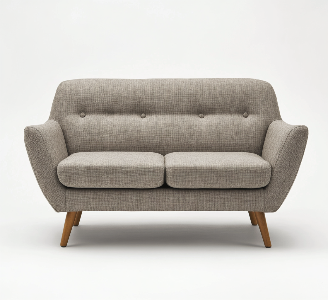 Sofá retro beige con botones decorativos para sala de estar, diseño curvado y acogedor-Moblimo