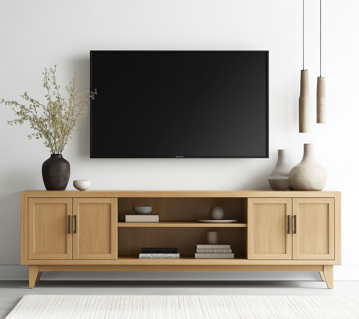 Mueble TV de madera clara con puertas y estantes-Moblimo