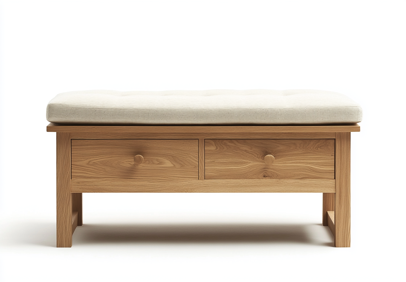 Banco de almacenamiento para pasillo con cojín beige de lino y estructura de roble macizo 80x40x45 cm-Moblimo