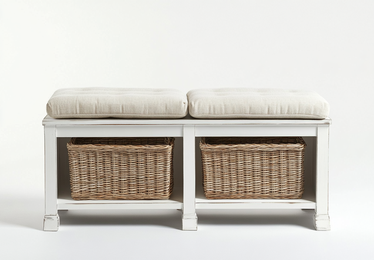 Banco de entrada bajo con cojines beige y cestas de mimbre, estilo rústico blanco envejecido sin respaldo-Moblimo