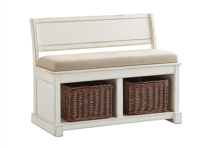 Banco de entrada con respaldo, cojín beige y cestas de mimbre, estilo vintage blanco envejecido-Moblimo