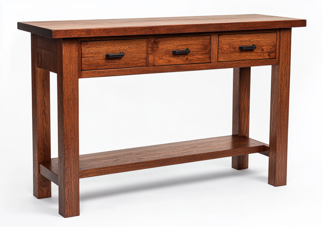 Mesa de entrada rústica de roble macizo con 3 cajones y estante inferior para recibidor-Moblimo