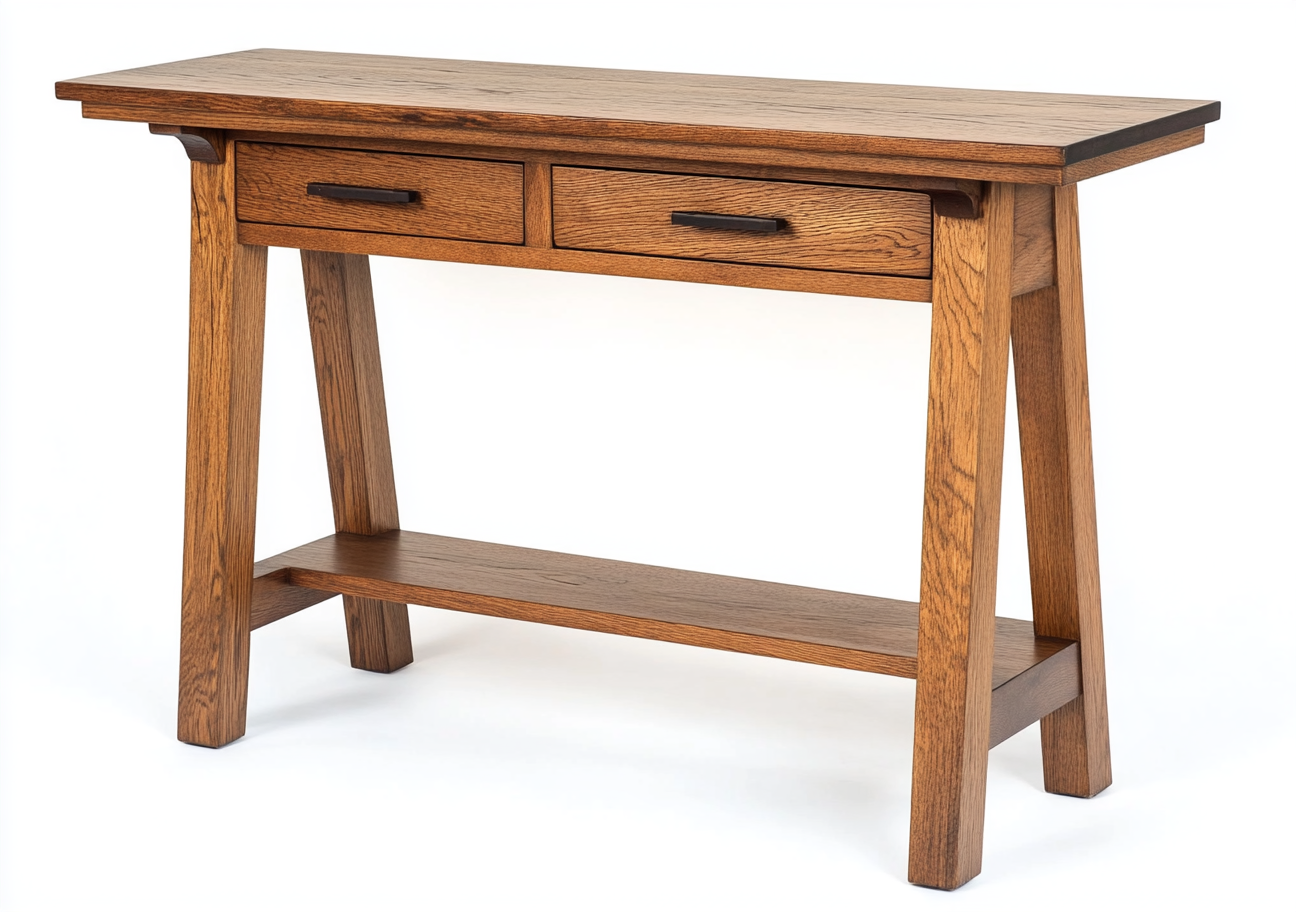 Mesa de entrada rústica de madera de roble con 2 cajones y estante inferior-Moblimo