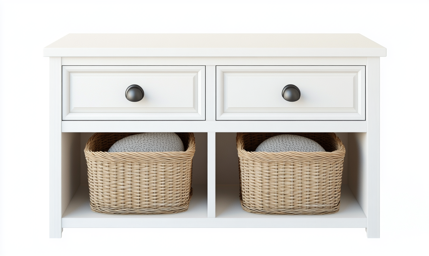 Mesa de entrada blanca estilo nórdico con 2 cajones y cestas de mimbre-Moblimo