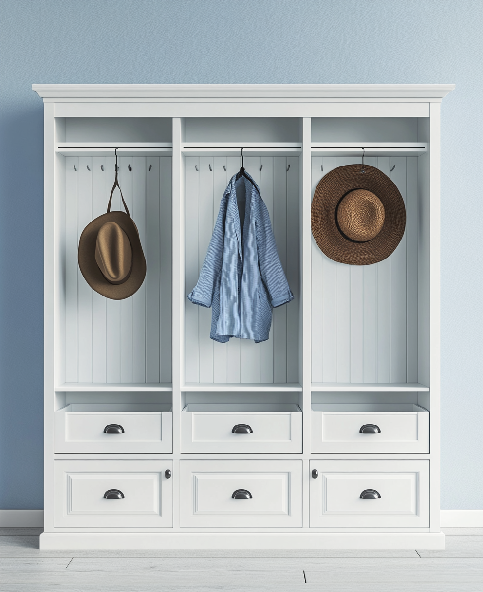 Perchero organizador de entrada blanco con ganchos, perchero y cajones-Moblimo