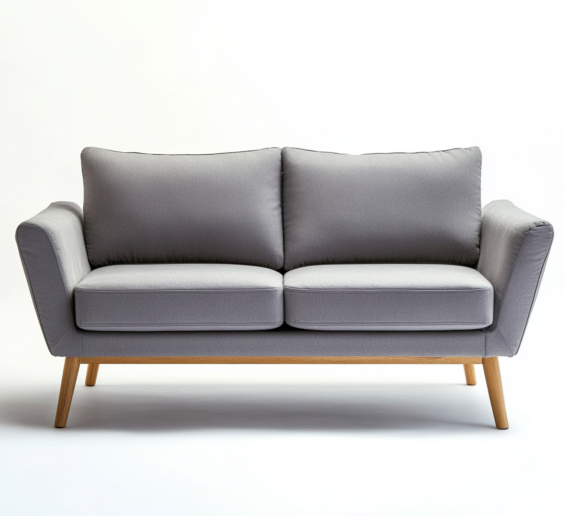 Sofá moderno gris claro para salón escandinavo de dos plazas, patas de madera natural-Moblimo