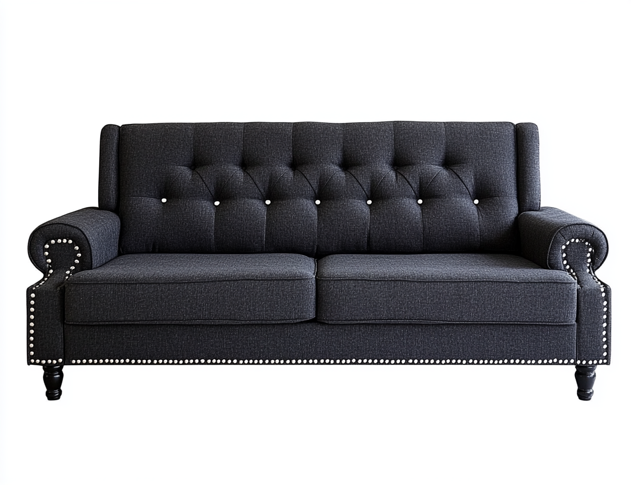 Sofá elegante clásico en gris oscuro con tachuelas metálicas, ideal para despachos o recibidores-Moblimo
