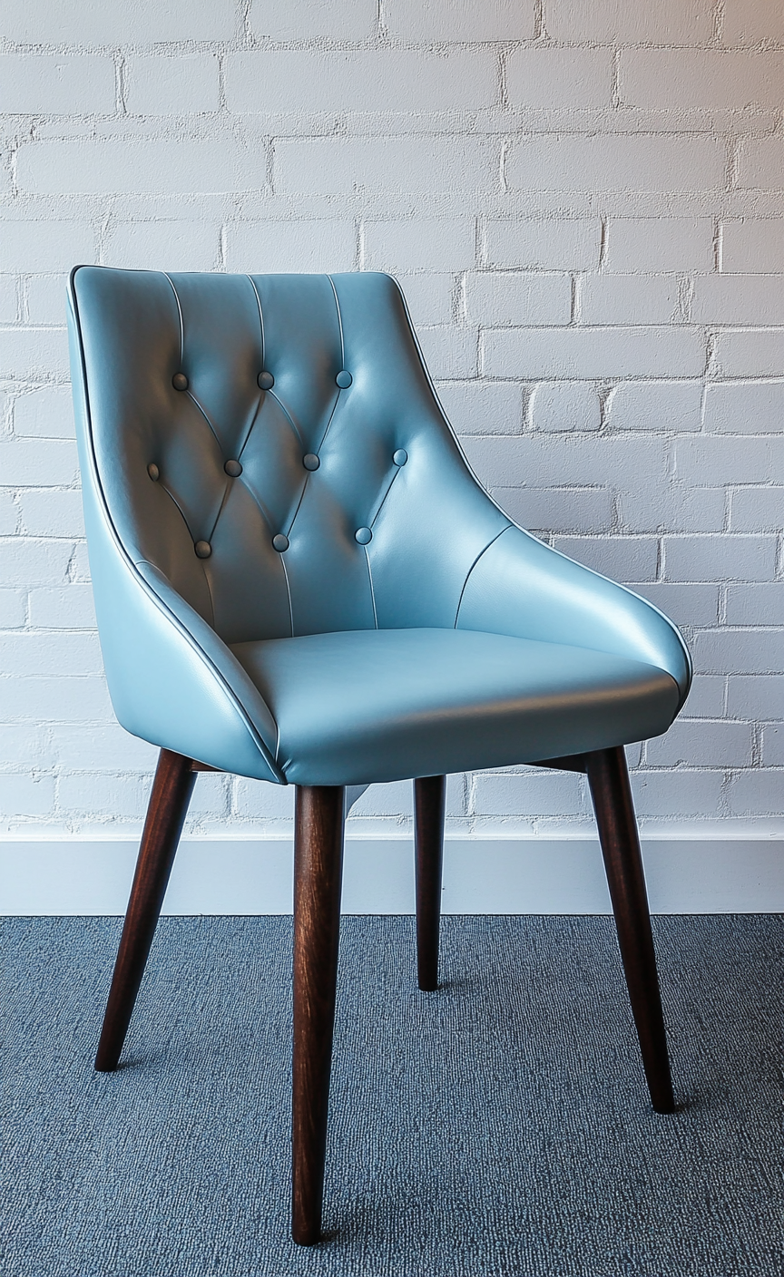 Silla de comedor tapizada azul con patas de madera oscura-Moblimo