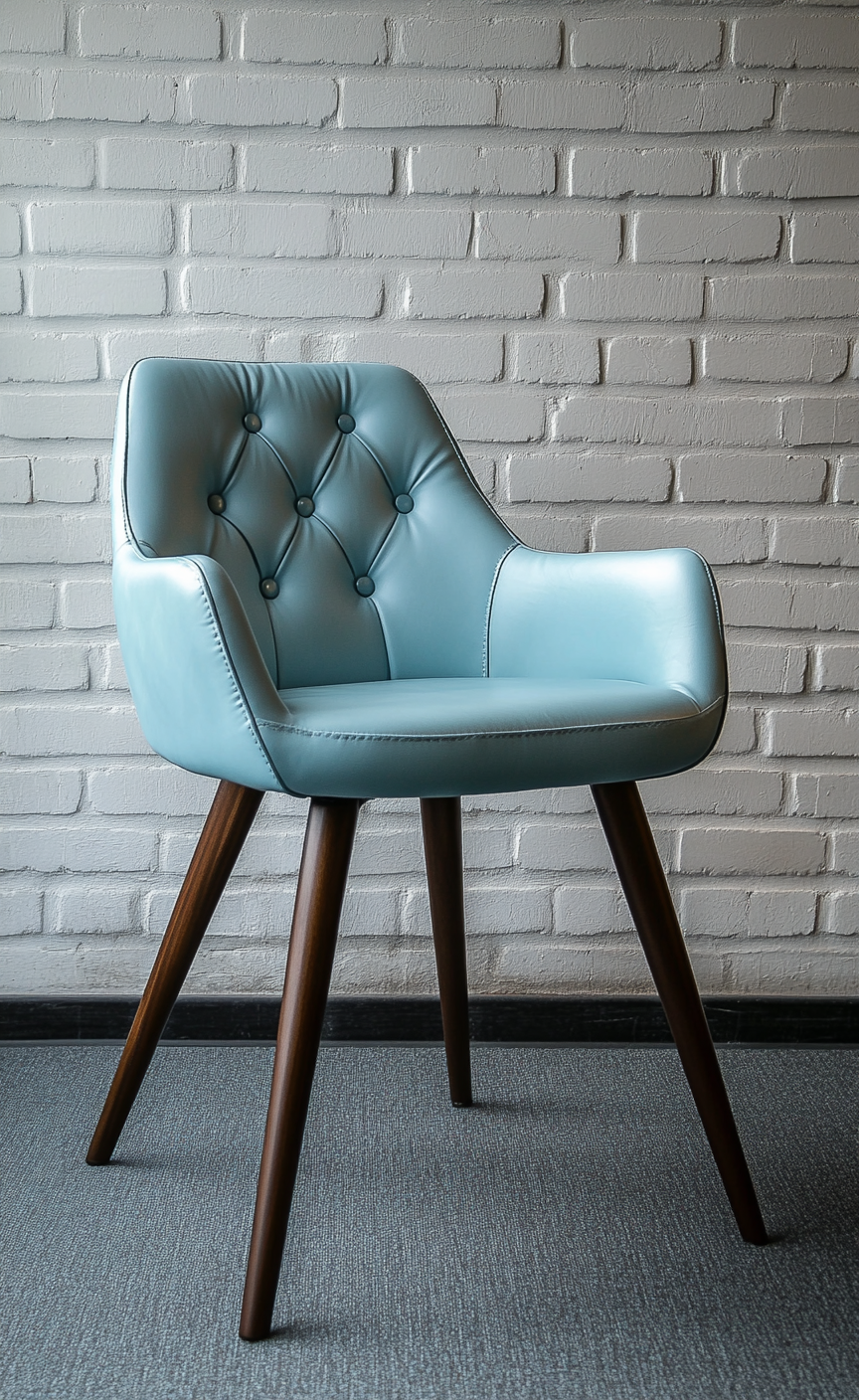 Silla de comedor azul claro con brazos y patas de madera-Moblimo