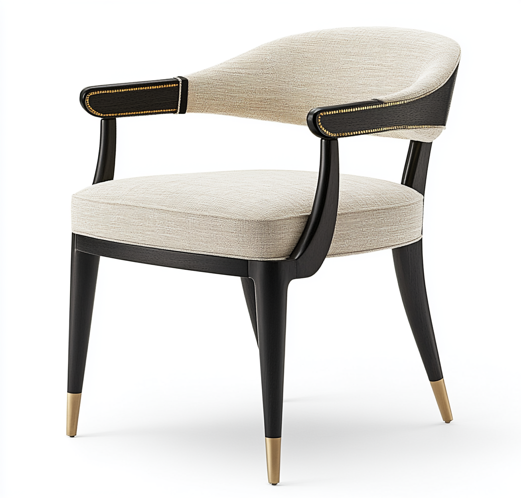 Silla de comedor beige con patas negras y detalles dorados-Moblimo