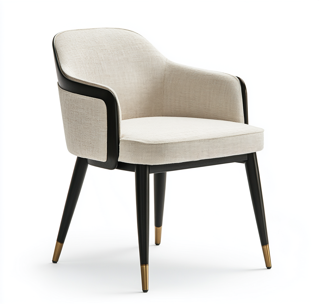 Silla de comedor moderna beige con brazos y patas negras-Moblimo