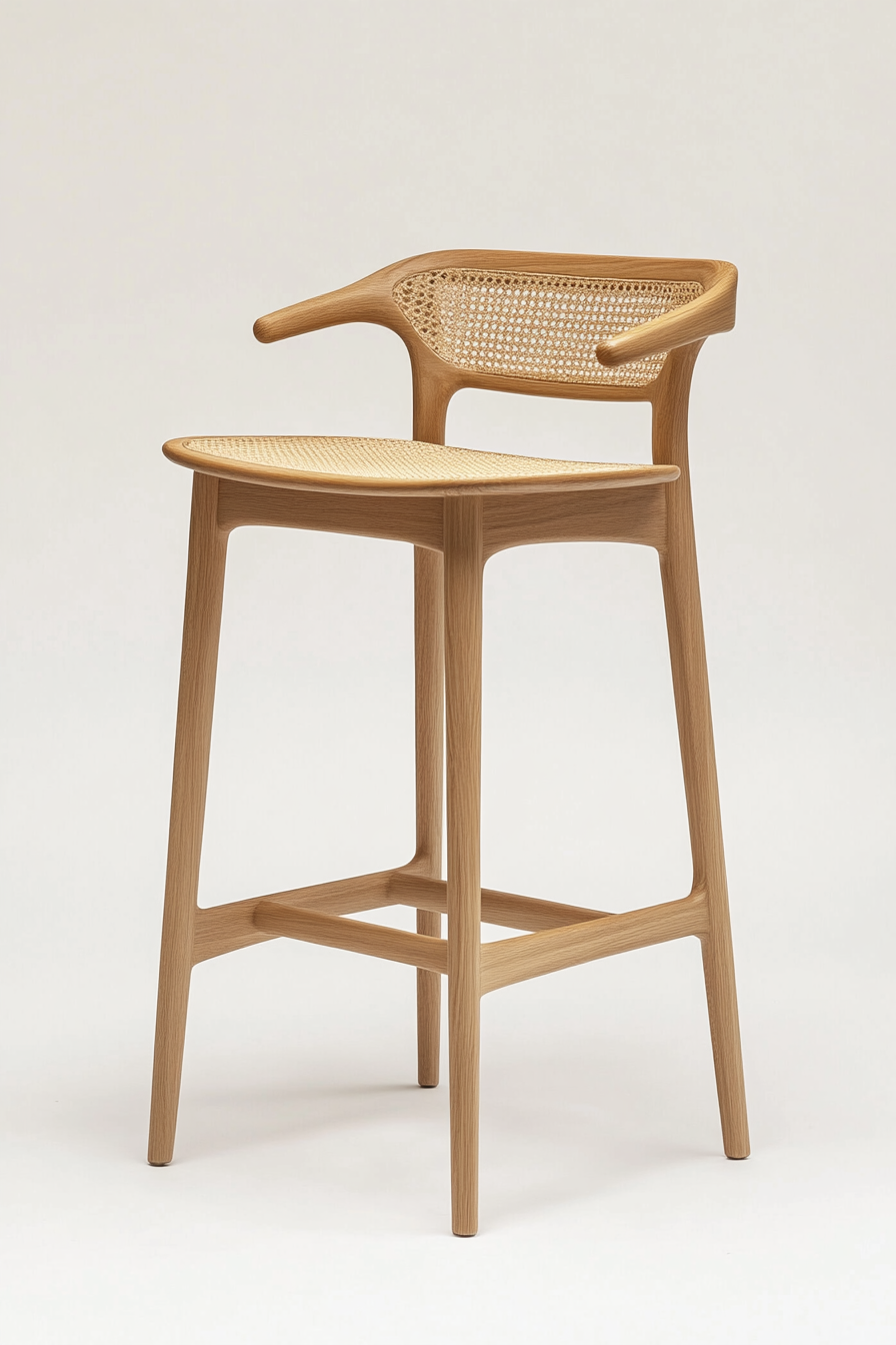 Taburete de bar alto con respaldo trenzado y estructura de roble-Moblimo