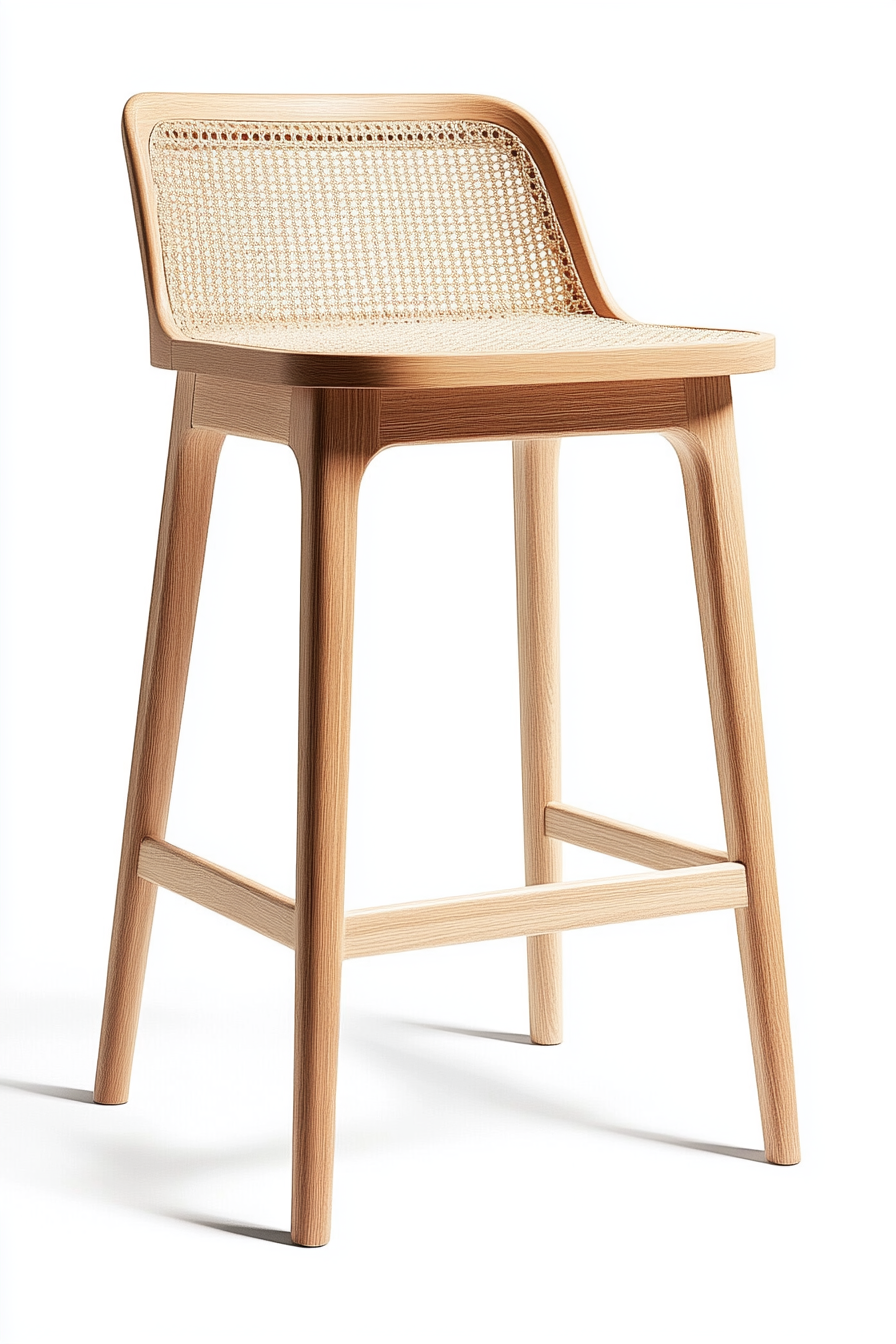 Taburete moderno de madera clara con respaldo de rejilla natural-Moblimo