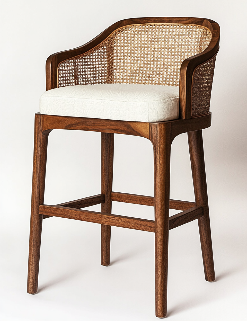 Taburete de bar con cojín blanco y respaldo de mimbre-Moblimo