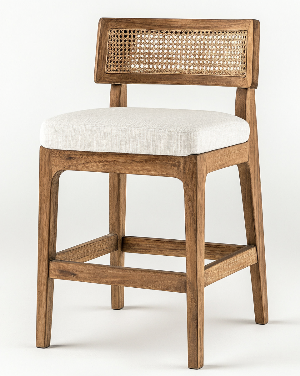 Taburete de barra con respaldo de ratán y cojín blanco, estilo rústico-Moblimo