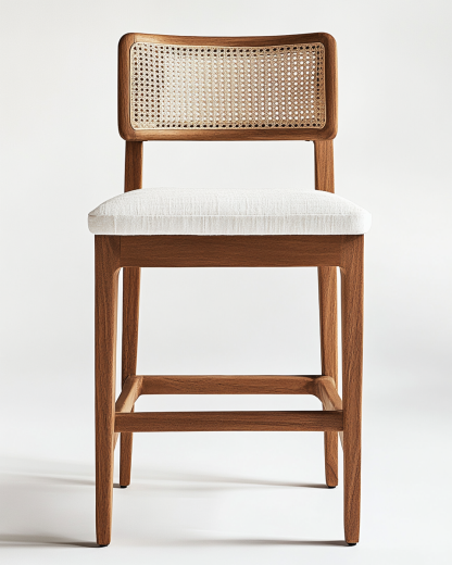 Taburete de barra de madera con respaldo bajo de ratán tejido y asiento blanco-Moblimo