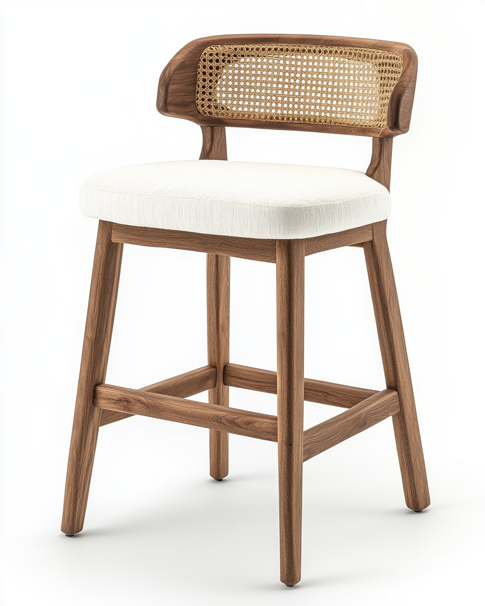 Taburete de barra curvo de madera oscura con respaldo de ratán y asiento tapizado-Moblimo