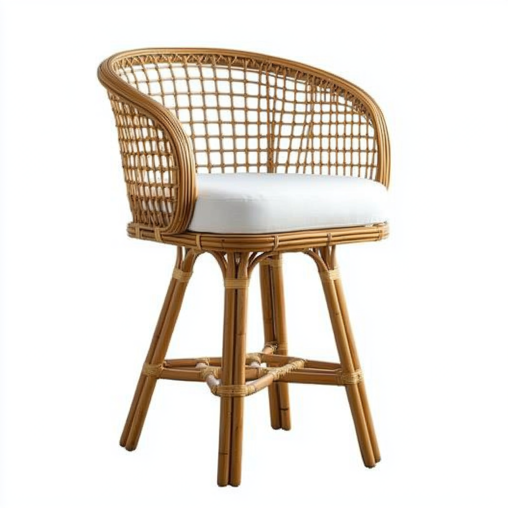 Taburete giratorio de ratán natural con respaldo redondeado y asiento blanco-Moblimo