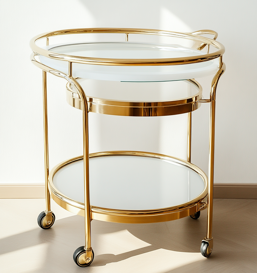 Carro de bar dorado redondo con ruedas para salón o comedor-Moblimo