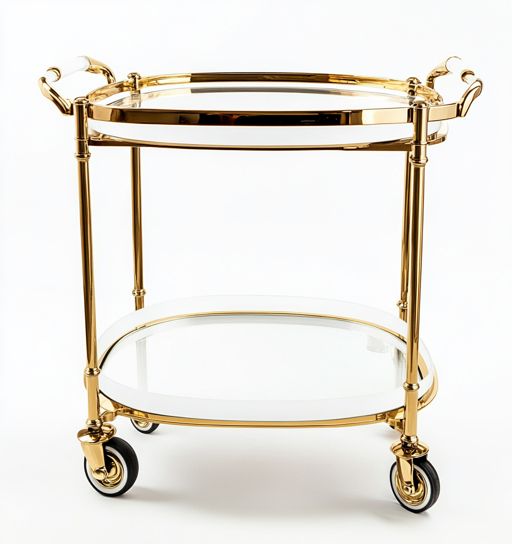 Carrito de bebidas dorado con doble bandeja ovalada de cristal-Moblimo