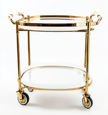 Carrito de bebidas dorado con doble bandeja ovalada de cristal-Moblimo