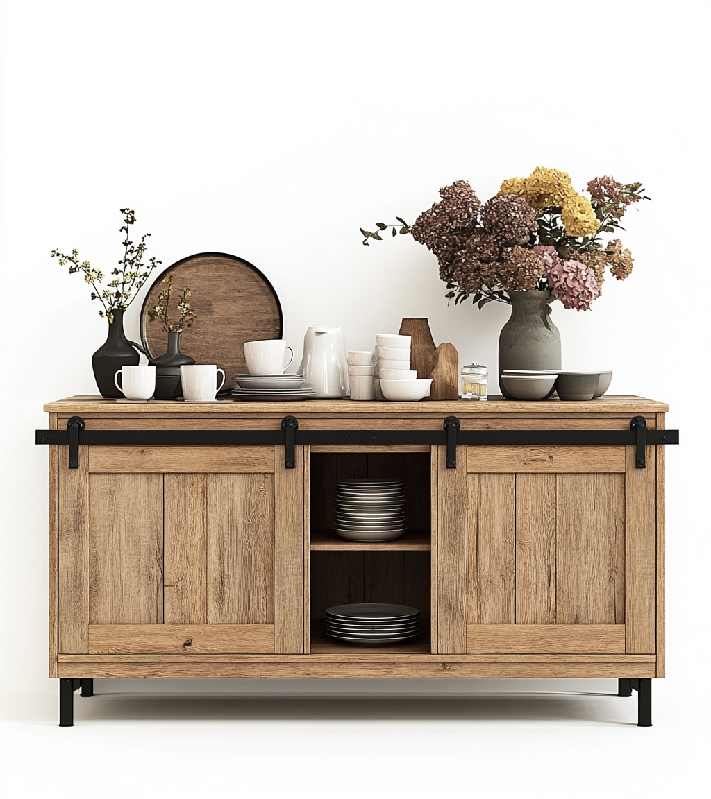 Aparador rústico de madera con puertas correderas dobles y estantes abiertos-Moblimo