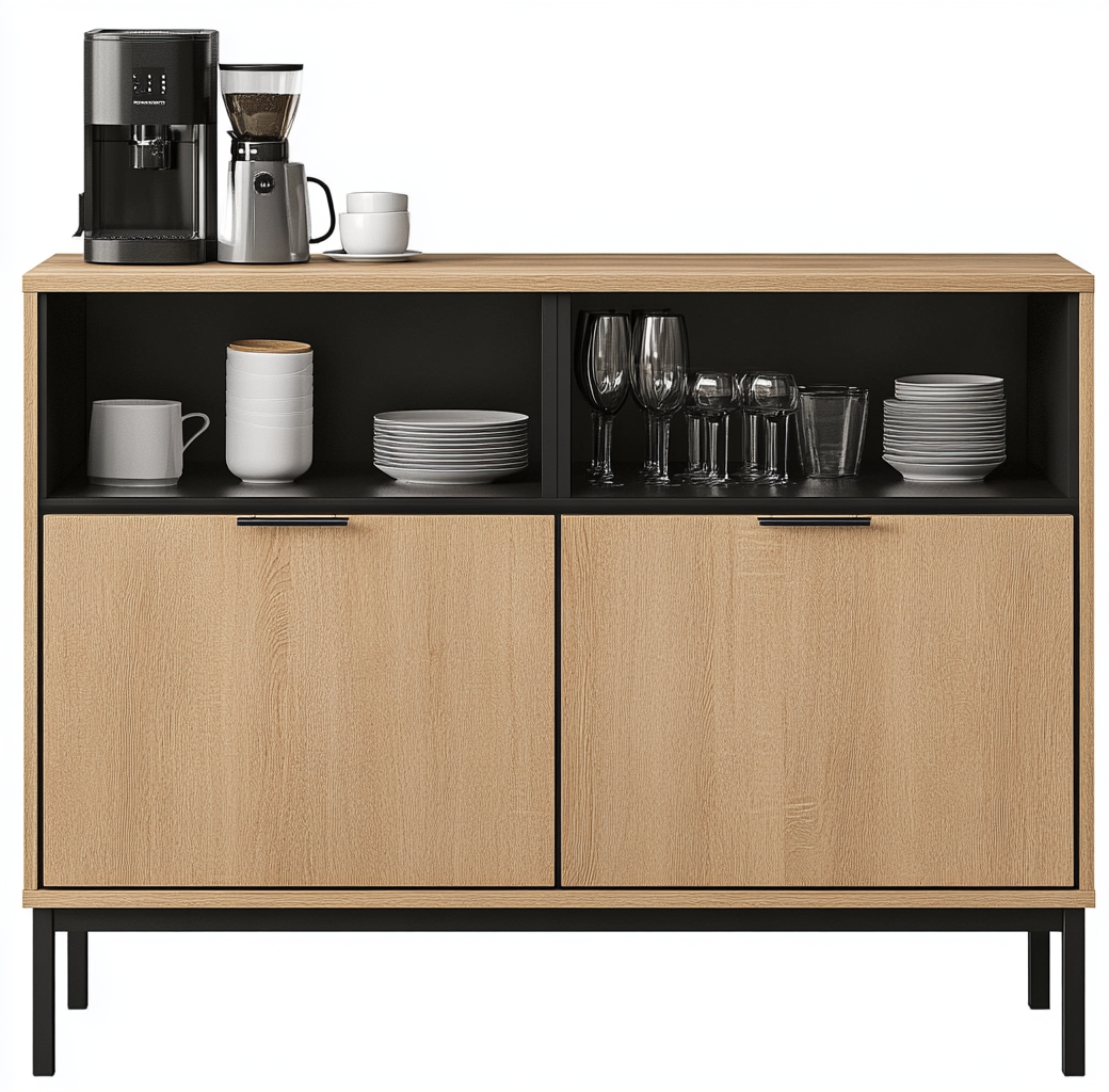 Aparador moderno bicolor con compartimentos abiertos y puertas lisas-Moblimo