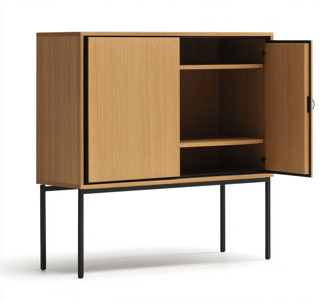 Alacena moderna alta de madera natural con puertas abatibles y estantes interiores-Moblimo