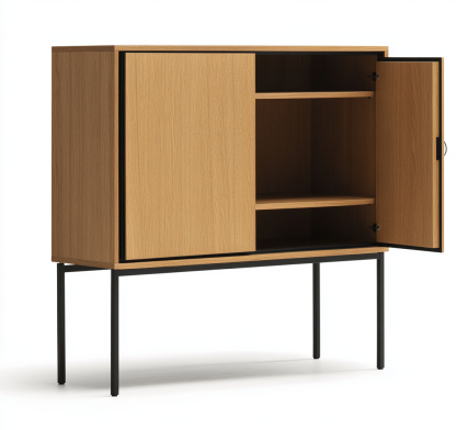 Alacena moderna alta de madera natural con puertas abatibles y estantes interiores-Moblimo