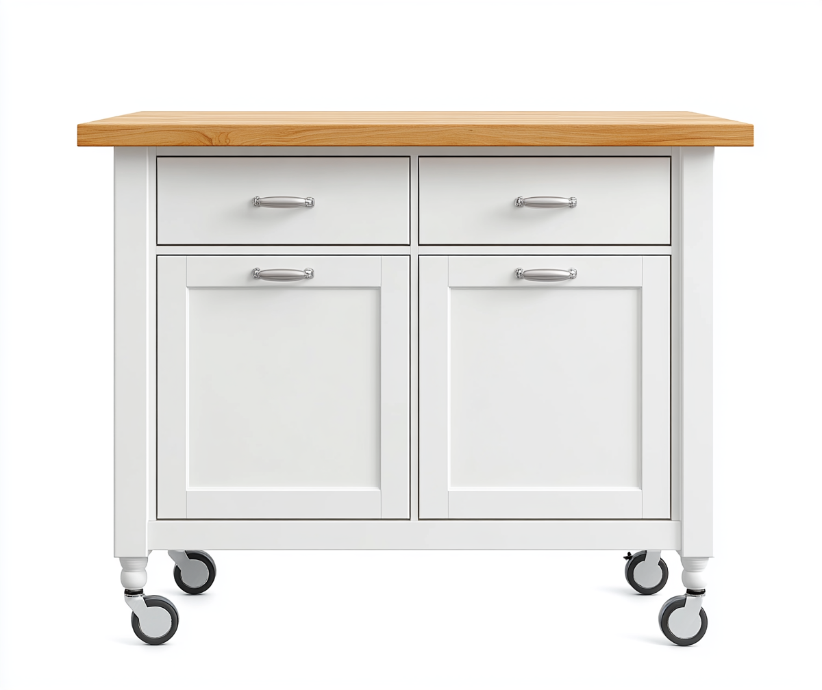 Carrito de cocina blanco con encimera de madera natural y ruedas giratorias, ideal para almacenamiento adicional en cocinas modernas-Moblimo