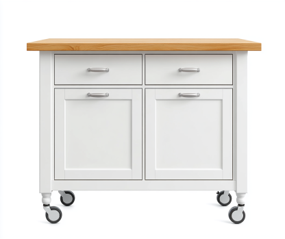 Carrito de cocina blanco con encimera de madera natural y ruedas giratorias, ideal para almacenamiento adicional en cocinas modernas-Moblimo