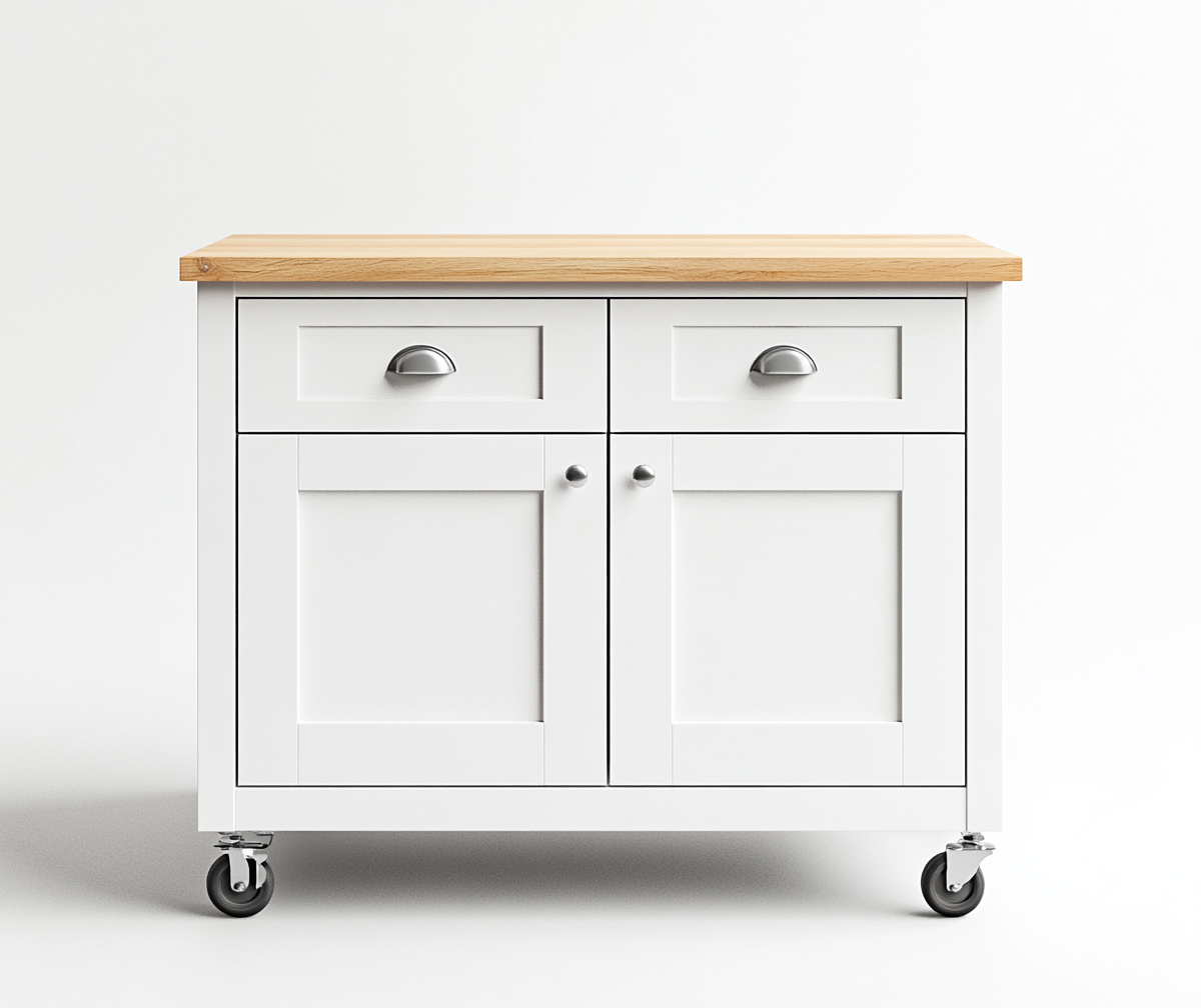 Carrito auxiliar de cocina blanco con encimera de madera clara y tiradores metálicos, estilo escandinavo-Moblimo
