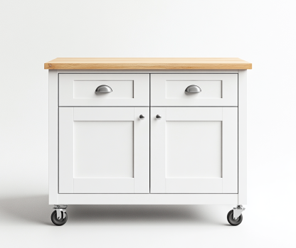 Carrito auxiliar de cocina blanco con encimera de madera clara y tiradores metálicos, estilo escandinavo-Moblimo