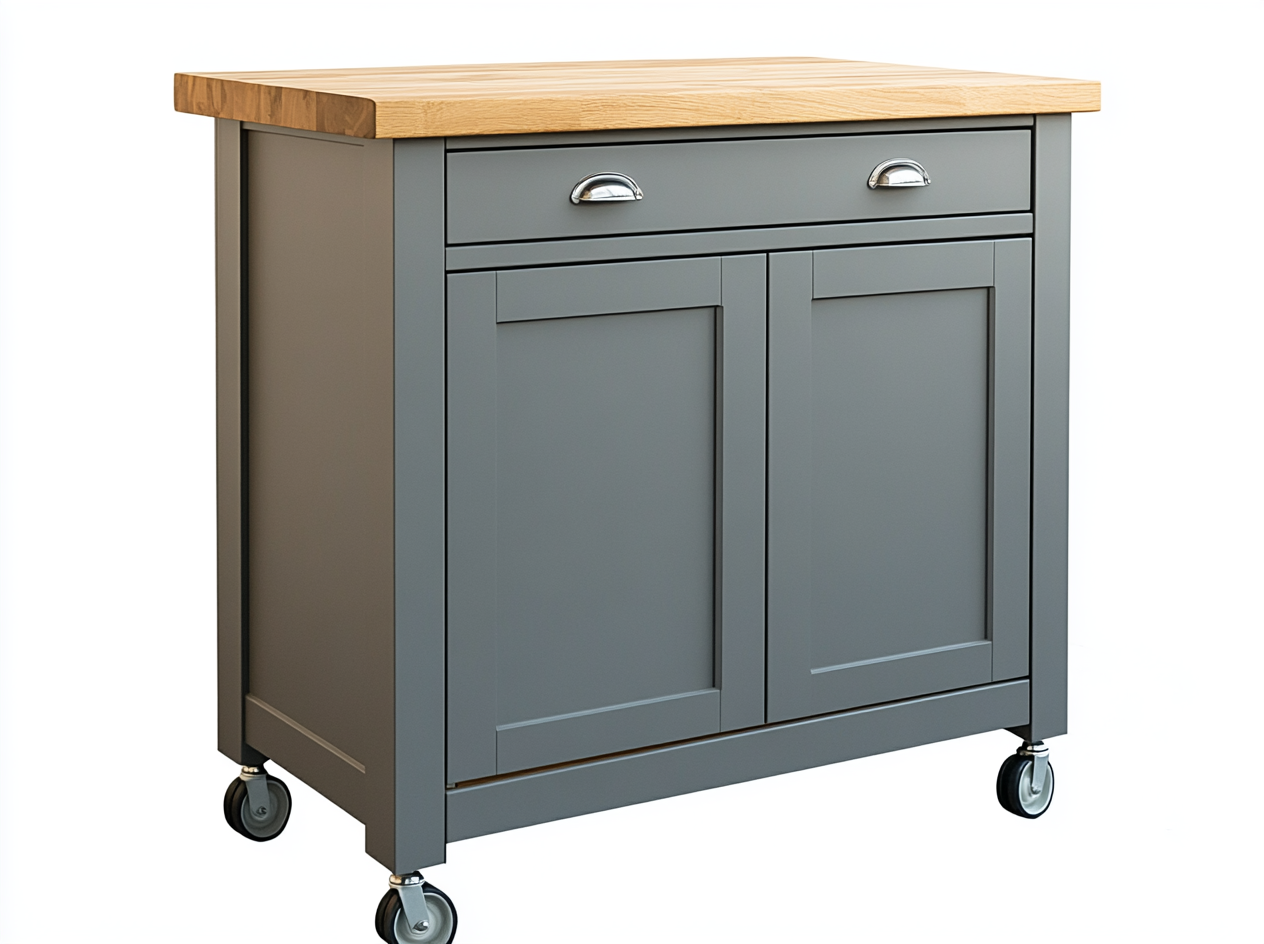 Isla de cocina gris con encimera de madera natural y ruedas para espacios modernos-Moblimo