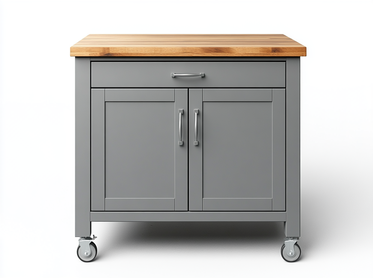 Isla de cocina gris con cajón central y encimera de madera para uso doméstico moderno-Moblimo