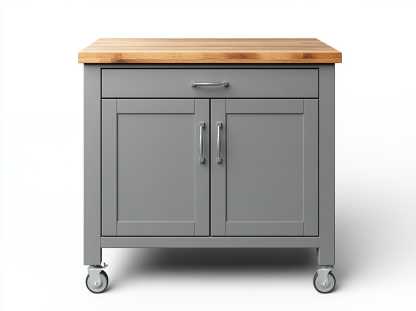 Isla de cocina gris con cajón central y encimera de madera para uso doméstico moderno-Moblimo