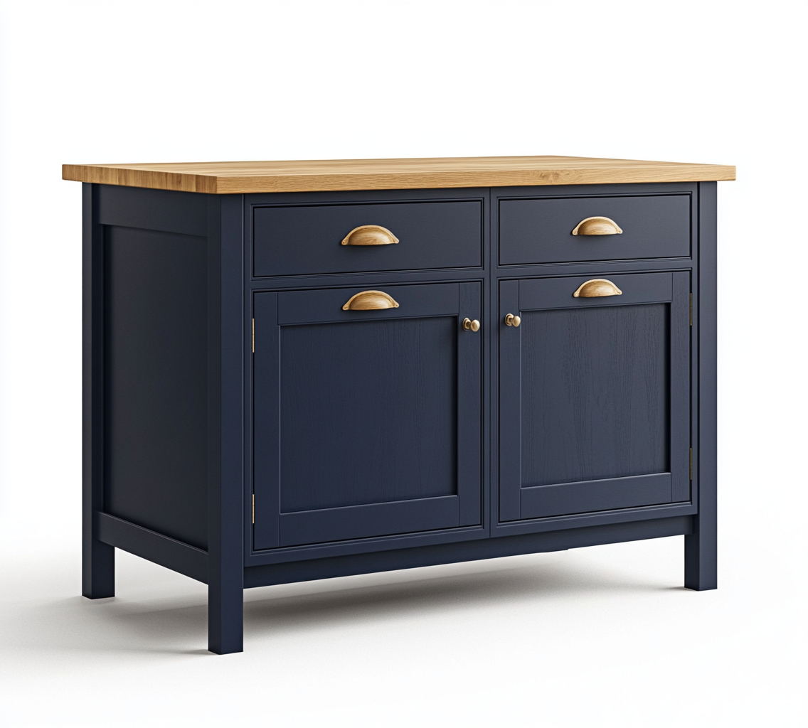 Isla de cocina azul marino con encimera de roble y tiradores dorados para comedor moderno-Moblimo