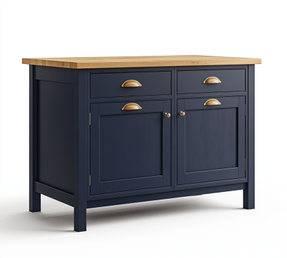 Isla de cocina azul marino con encimera de roble y tiradores dorados para comedor moderno-Moblimo