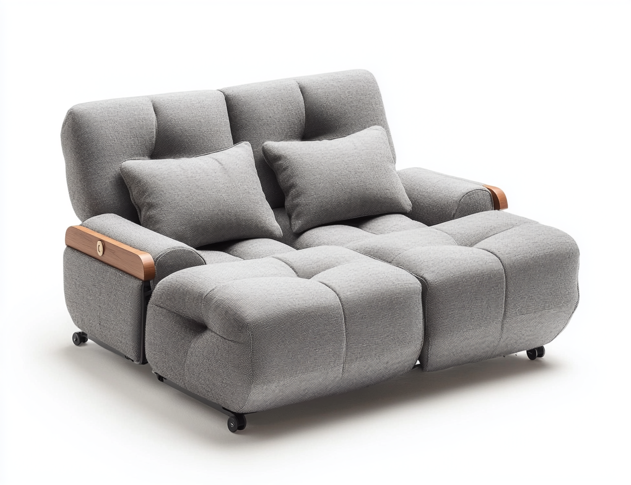 Sofá cama gris con detalles en madera-Moblimo