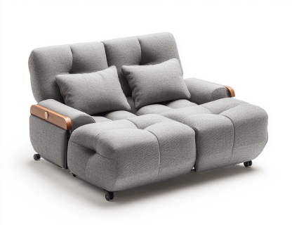 Sofá cama gris con detalles en madera-Moblimo