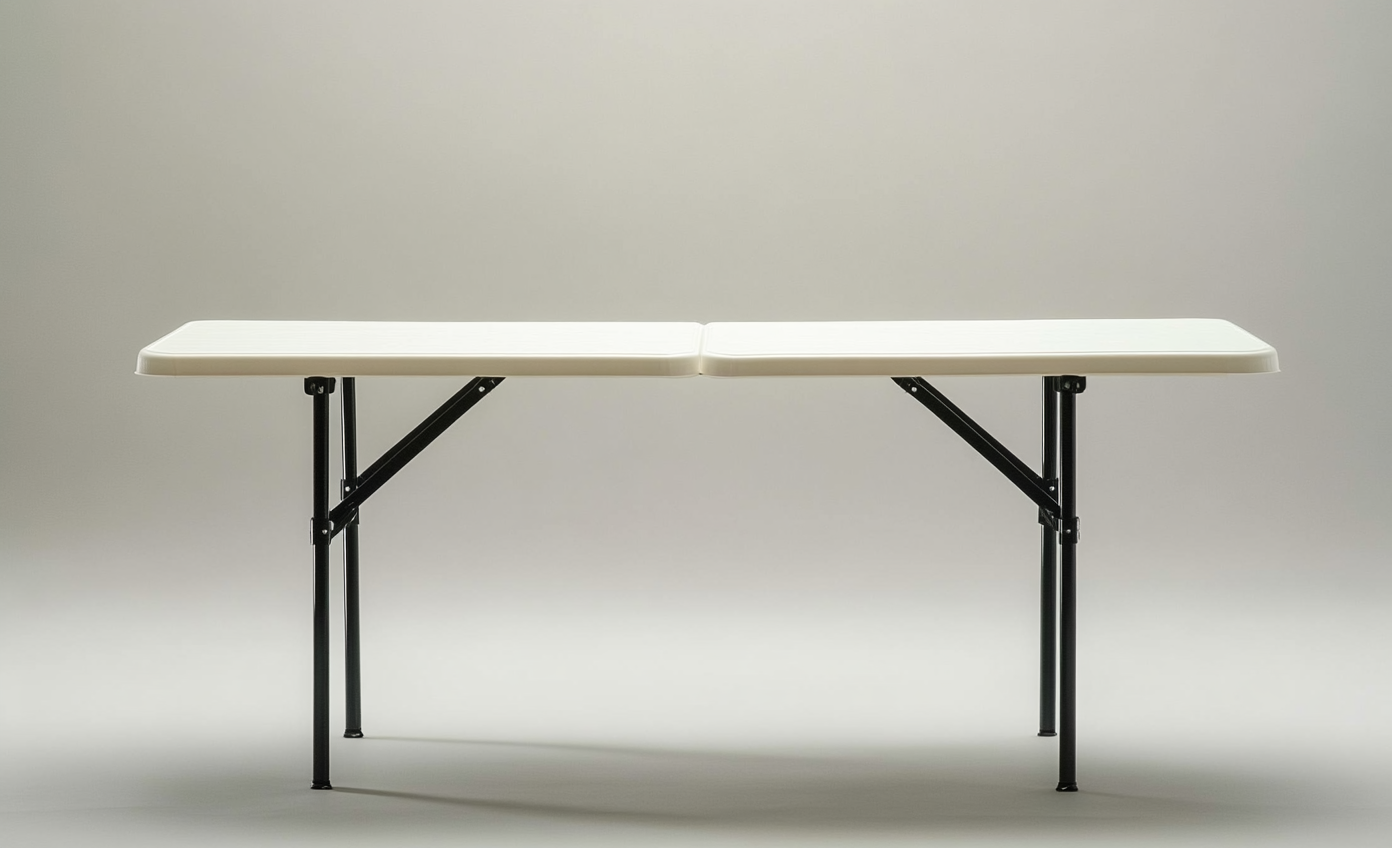 Mesa plegable rectangular grande de plástico blanco y patas metálicas-Moblimo